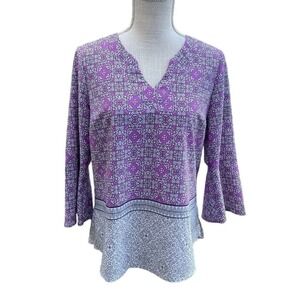 Dana Buchman Peasant Ethnic Floral Tunic Blouse Womens S Purple Bell Sleeve Boho